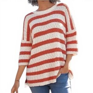 Garnet Hill Orange Striped Sweater Beachy Organic Cotton‎ Preppy Knit M